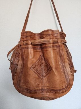 Handmade Tooled Leather Bucket Bag Austin TX Boho Crossbody